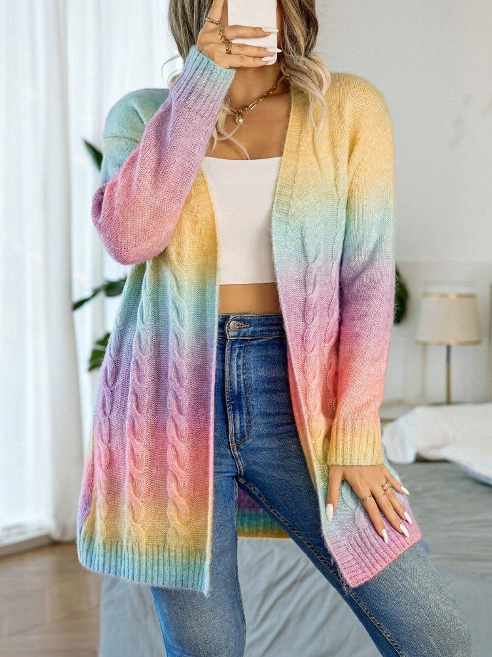 Multicolor Casual Women's Ombre Cable Knit Drop Shoulder Duster Cardigan